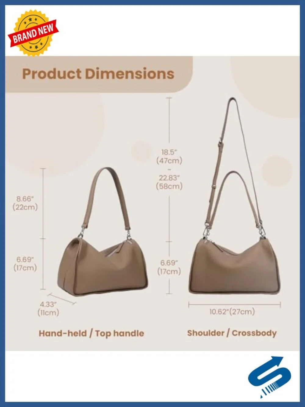 Women's Full-Grain Leather Hobo Bag with Adjustable Strap, Zipper Closure